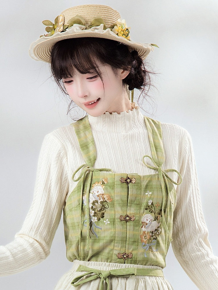 Green Plaid Sheep Embroidered Inner Blouse in Han Lolita Style - Luo Xiu Dong Xiang
