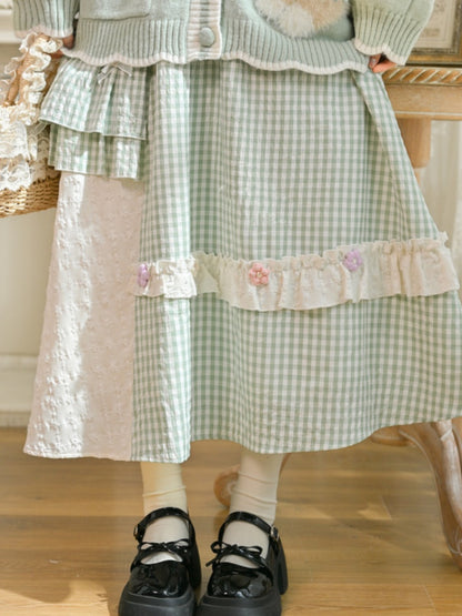 モリケイ グリーン チェック柄 ニット 花柄 蝶結びディテール スカート