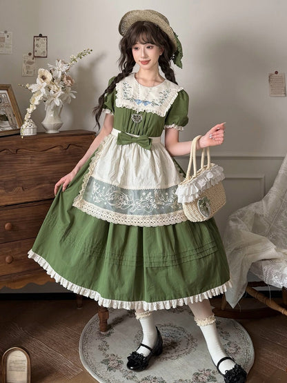 Green Cotton Floral OP Dress with Detachable Lace Apron