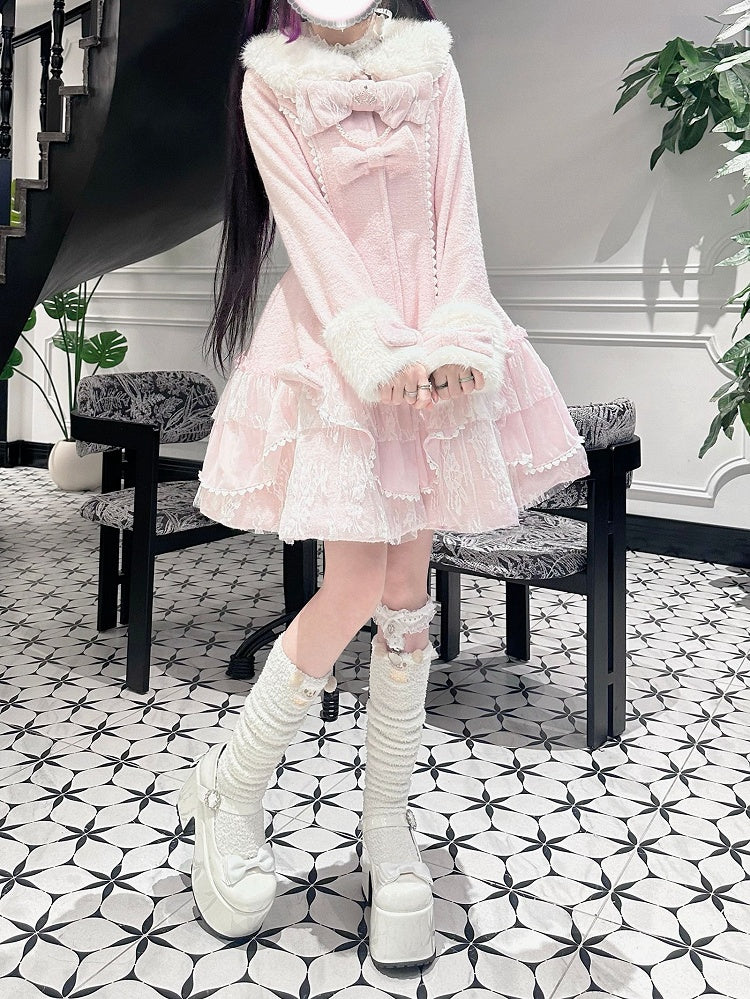 Jirai Kei Pink / Beige Mid-Length Padded Coat with Plush Accents and Sweet Lace Trim