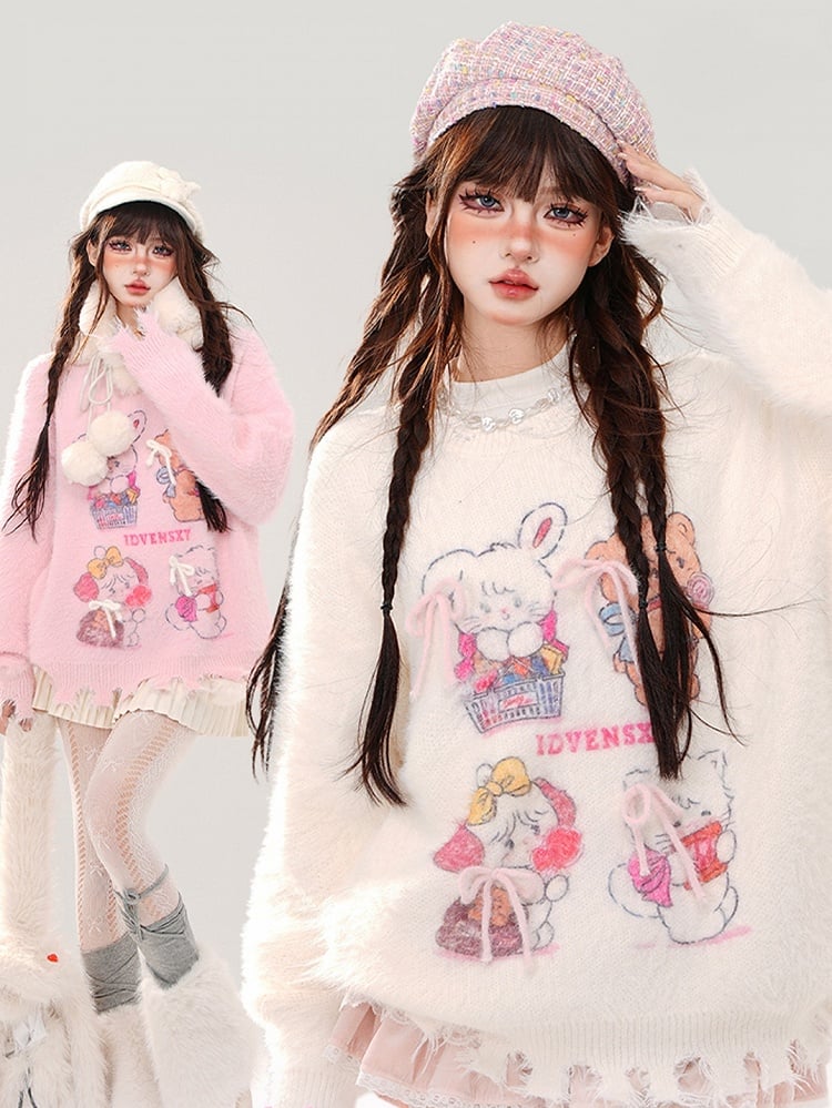 Weiß/Rosa süßer Mohair-Pullover mit Distressed-Besatz und Kätzchen und Bär