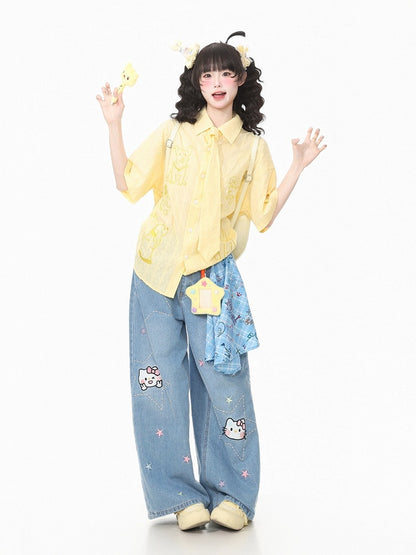 Yellow Puppy Embroidery Short Sleeve Shirt with Tie - Languid Park