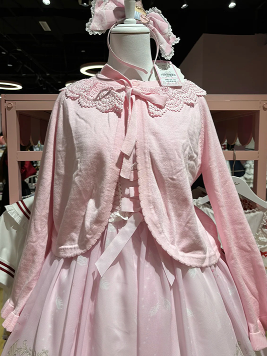 Knit Cardigan Pink Lace-Trimmed