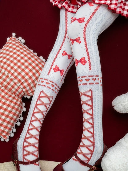 赤/黒のスイートロリータ蝶結びハートプリントタイツ