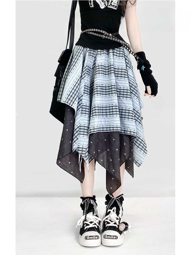 ヴィンテージダスティブルーチェック柄ハンカチ裾グラマラススカート