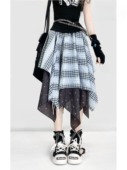 ヴィンテージダスティブルーチェック柄ハンカチ裾グラマラススカート