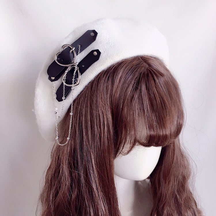 Buckle 4 Colors with Details Chain Beret