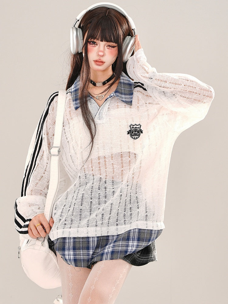 Kaffee/Weißes, halbtransparentes, lockeres Strickoberteil mit Polokragen und ausgehöhltem Kragen