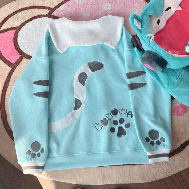 Adorable Collar Sailor Theme Embroidery Cat Cat-Ear Mint Sweatshirt with Blue