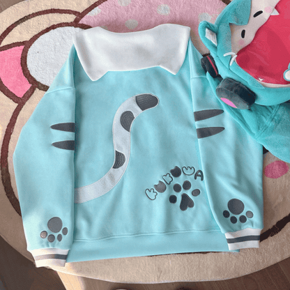 Adorable Collar Sailor Theme Embroidery Cat Cat-Ear Mint Sweatshirt with Blue