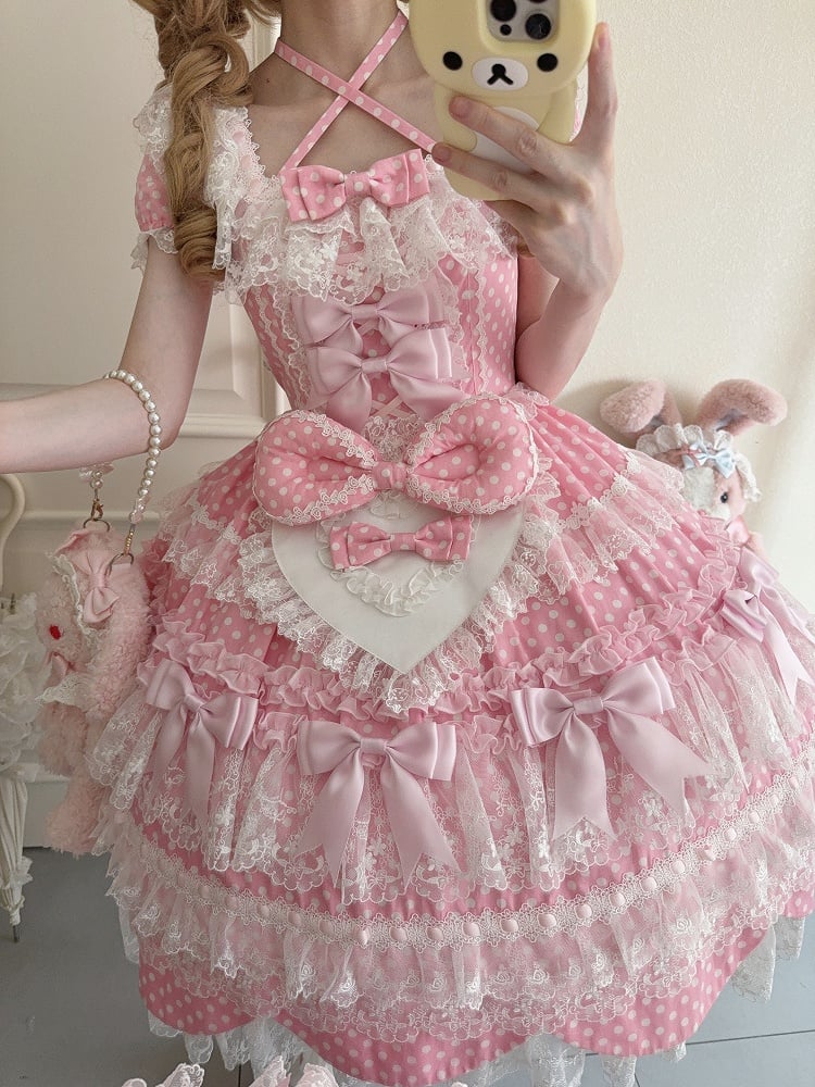 Kleid Schleife Lolita Muster Rosa Ärmel Schule Kurze Akzente Alt Süß Polka Dots