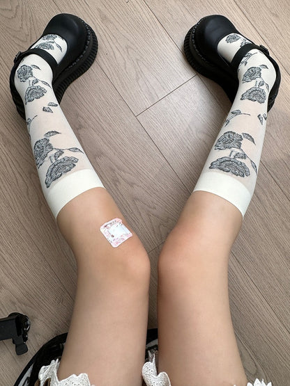 Muster Strümpfe Besatz Unterknie Schwarz/Weiß Gerippte Rosette