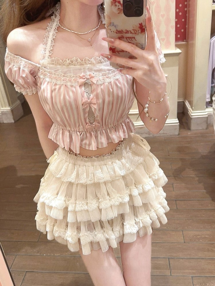 Rosa gestreifte Puffspitze mit Schleifenakzenten und Neckholder-Ärmeln