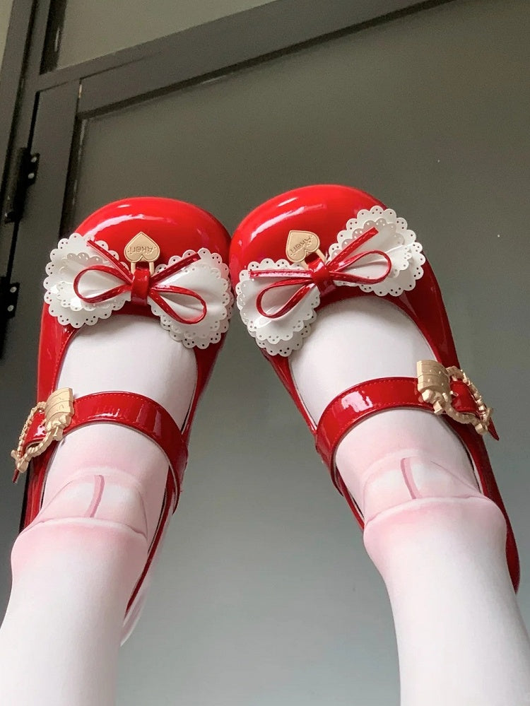 Janes Low-heel Mary Daily Comfortable Multi-layer with Shoes Sweet Red Bows Lolita -
