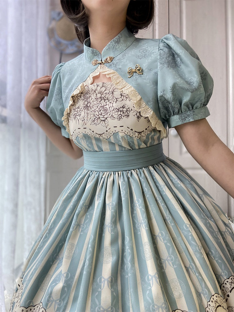 Clock Print and Short Blue Version Lolita Classic Floral Skirt Jumper