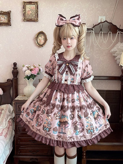 Piece Pink Lolita Dress One Vintage Teddy Bear Print Sweet Light