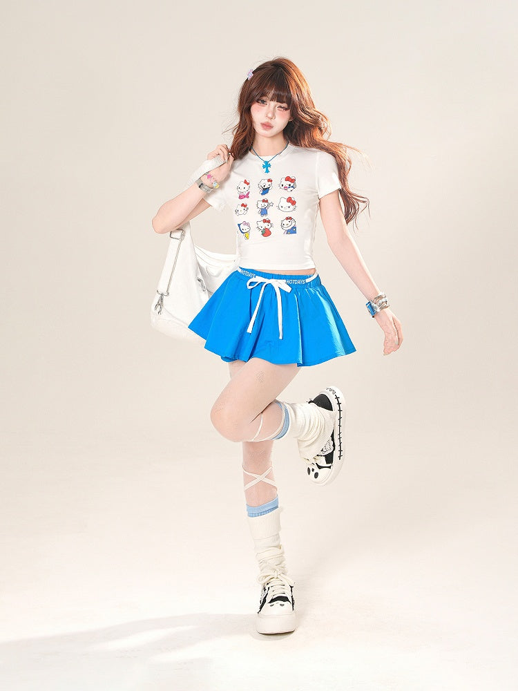 Drawstring Waist A-line Mini Skirt Red/Blue