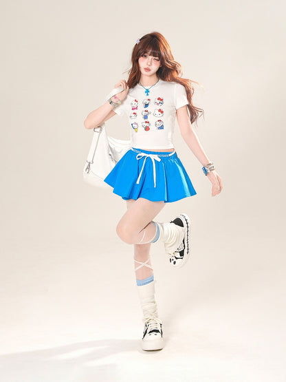 Drawstring Waist A-line Mini Skirt Red/Blue