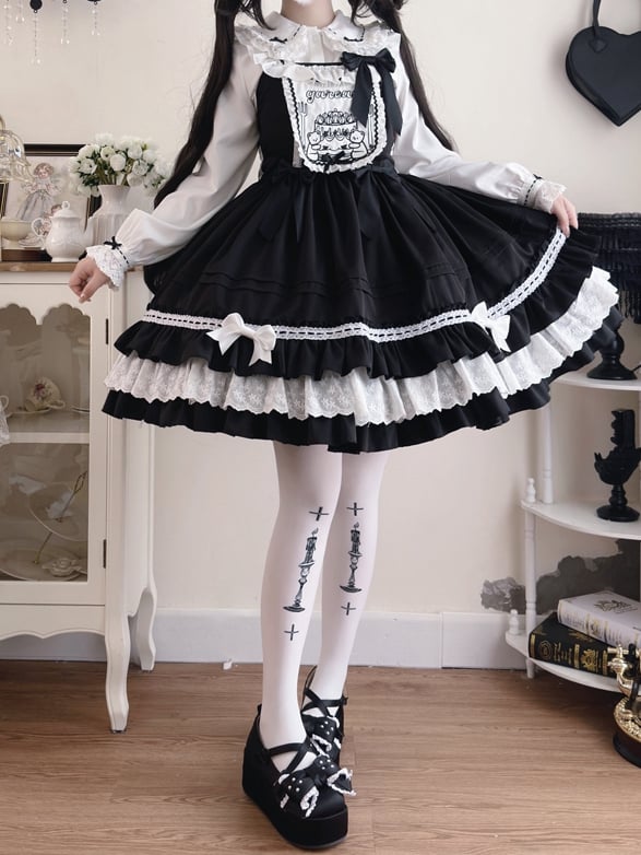 Süßes schwarzes Lolita-Kleid mit Teddy-Stickerei-Mieder