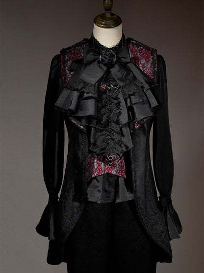 Schwarzes Ouji Fashion Lolita Langarmhemd mit Jabot-Krawatte und Fliege