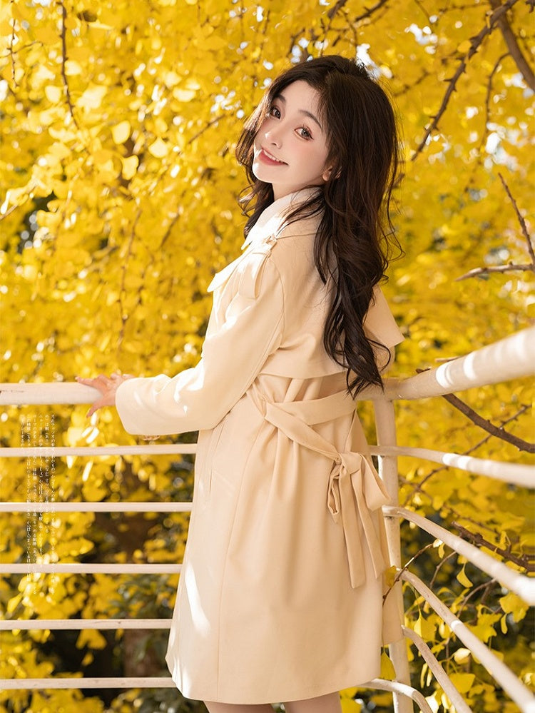 with Front Longline Beige/Khaki/Black Coat Placket Button