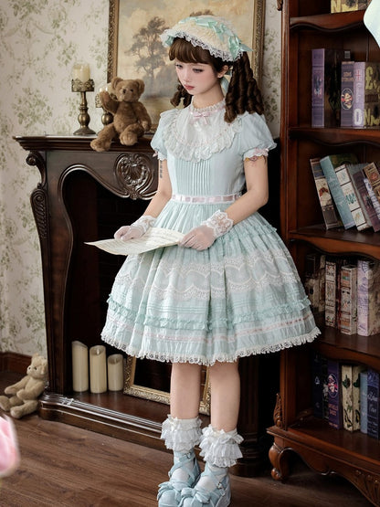 Short Mint Green Puff Sleeve Lace Trim Elegant Lolita Dress - Pumpkin Planet