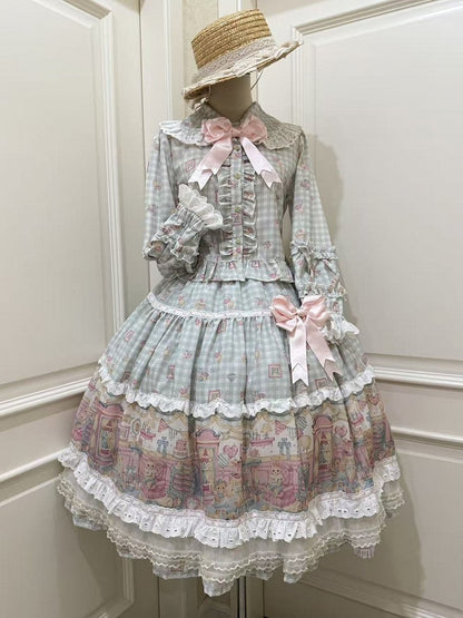 Sweet Peter Hat Lolita Plaid + Pan Print Top Bear Set Collar Skirt Pink Green