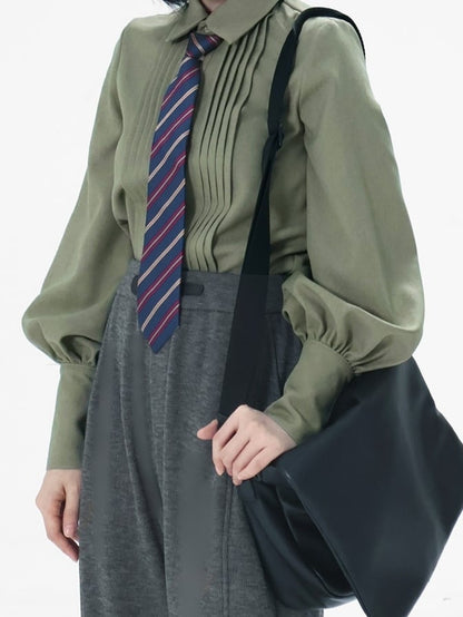with Shirt Leg-of-Mutton Sleeves - Pleating Ouji Button Intricate Green Unisex Placket