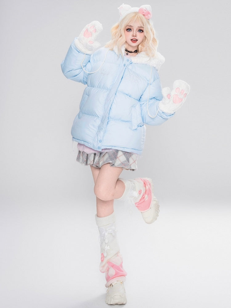 Weiße/rosa/hellblaue Kätzchen-Plüsch-Kapuzenjacke mit dicker Kapuze