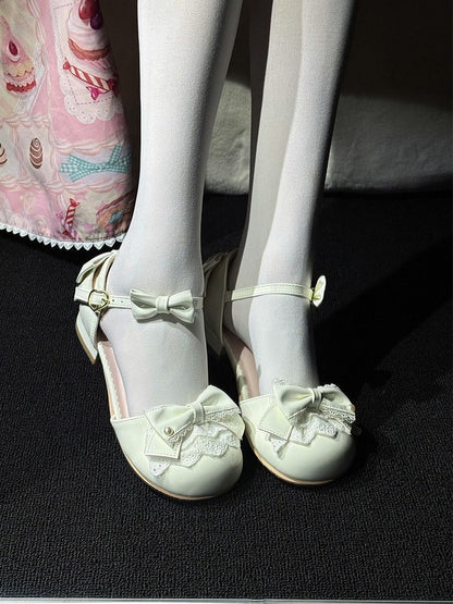 White Heart-Buckle Lace Round-Toe Low Heel Pumps - Fairy Godmother