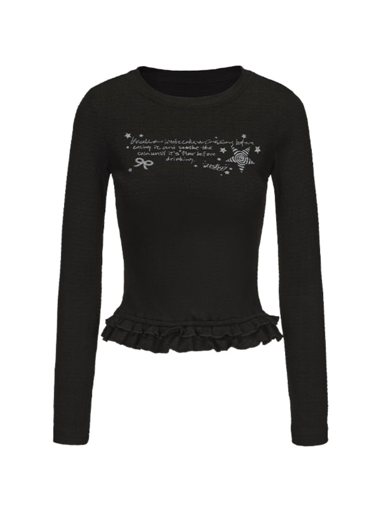 Schwarzes, eng anliegendes, bedrucktes Top mit Rundhalsausschnitt, gestuftem Rüschenbesatz