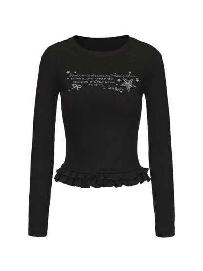 Schwarzes, eng anliegendes, bedrucktes Top mit Rundhalsausschnitt, gestuftem Rüschenbesatz