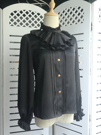 Schwarzes Ouji Lolita-Hemd mit Jabot-Kragen und Rüschenausschnitt und langen Ärmeln