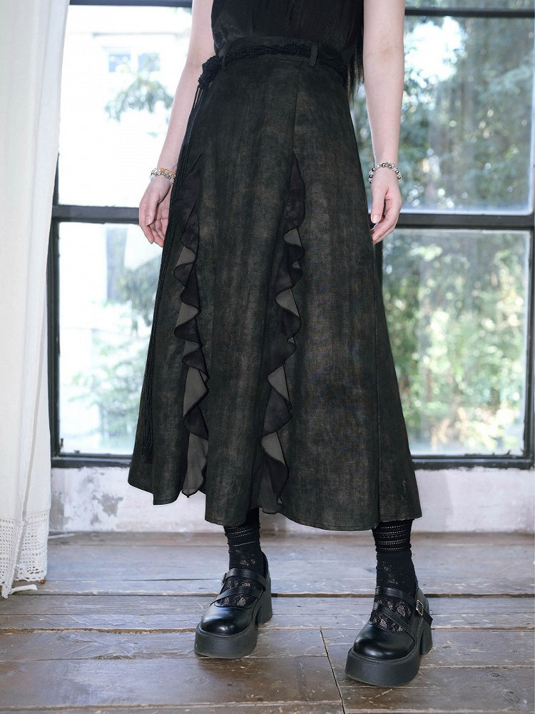 Ink Wash Print Chinese Gothic Black Midi Skirt with Ruffle - Quirky Hut