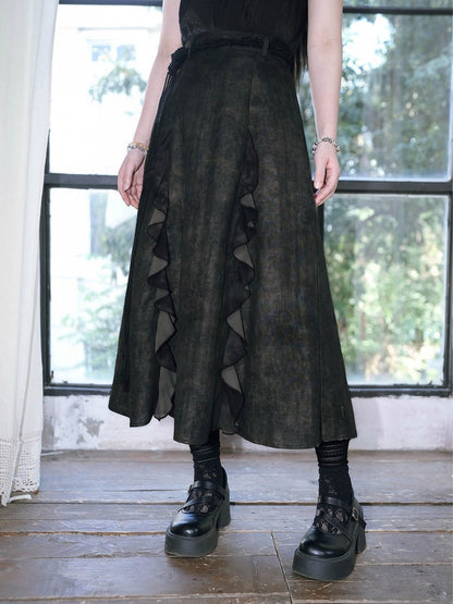 Ink Wash Print Chinese Gothic Black Midi Skirt with Ruffle - Quirky Hut
