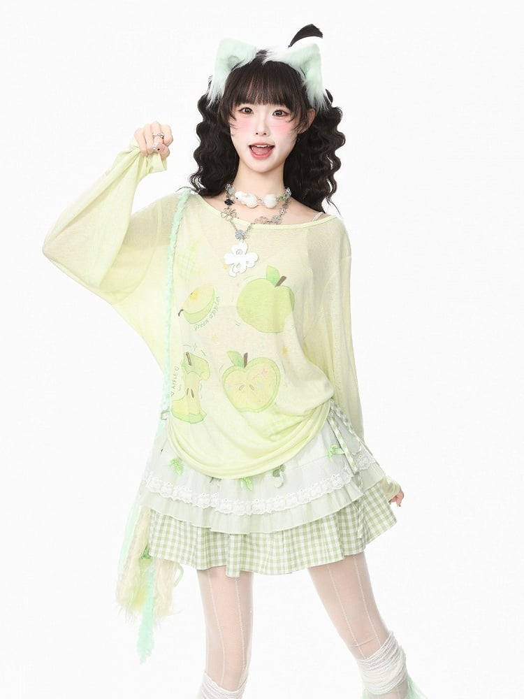 Breathable Apple-Print Long Sleeve Kawaii Top in Green for Warm Weather - Languid Park