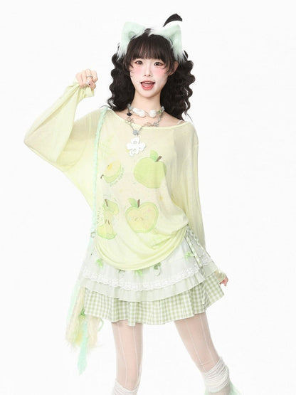 Breathable Apple-Print Long Sleeve Kawaii Top in Green for Warm Weather - Languid Park