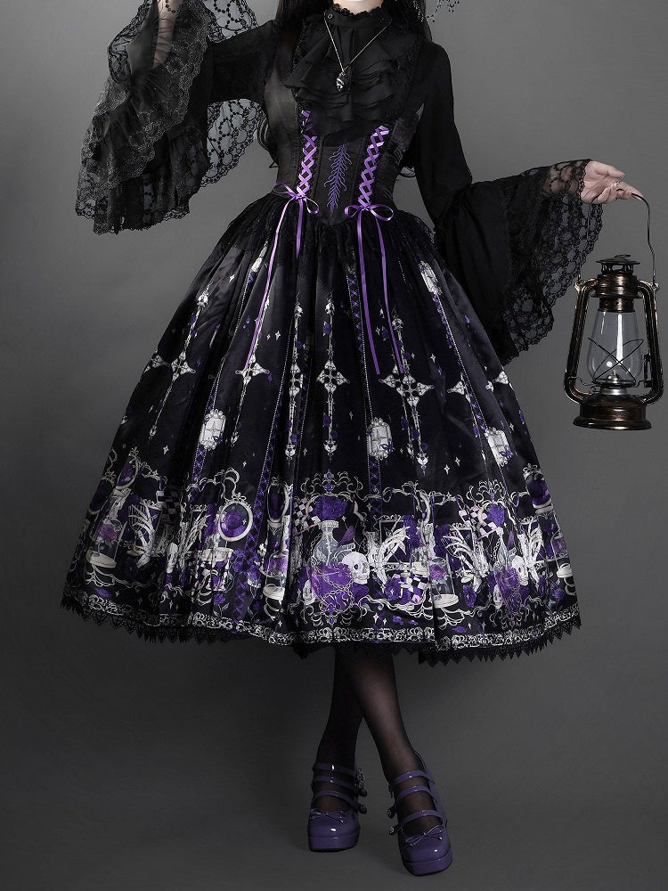 Purple Rosette and Skull Print Gothic Lolita Corset Under Bust JSK Dress - Sweetheart Love Song