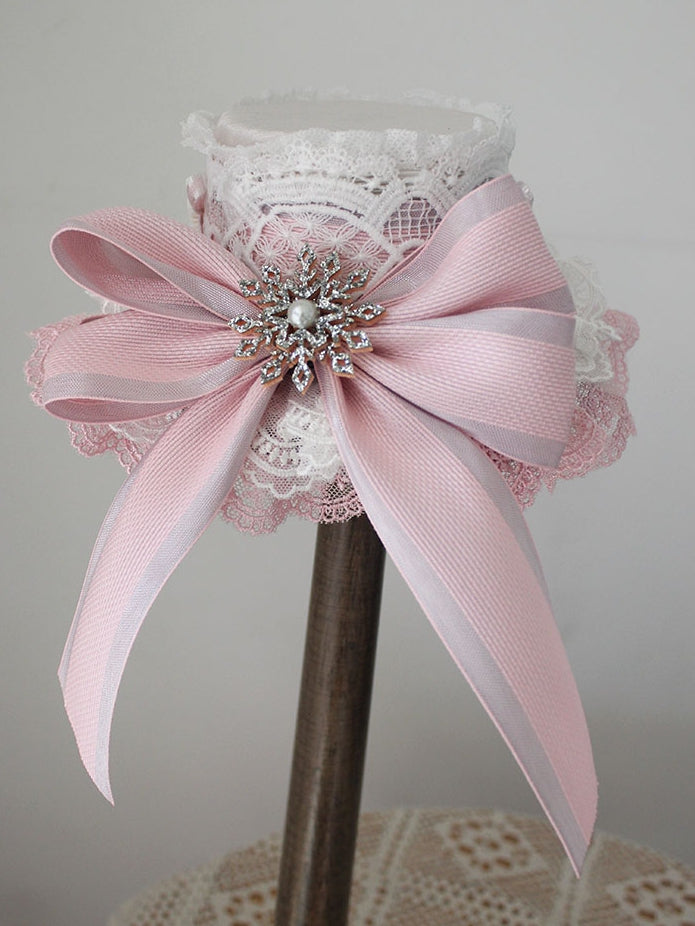Pink Christmas Beaded Snow Bowknot Details Lace Trim Top Hat With Veil