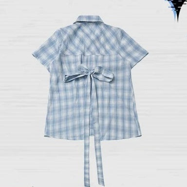 with Back Plaid Shirt Sleeves Short Blue Back Slit Bow Self-tie