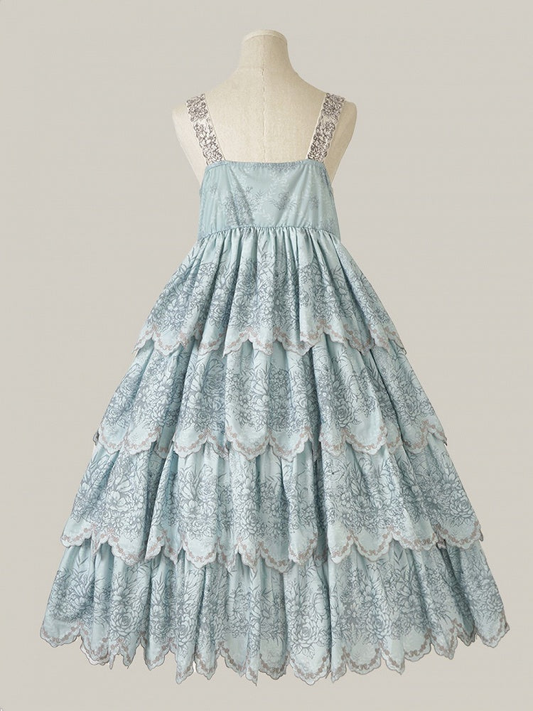Jumper with Trim Scallop Skirt Blue Classic Layered Print Embroidered Lolita Floral