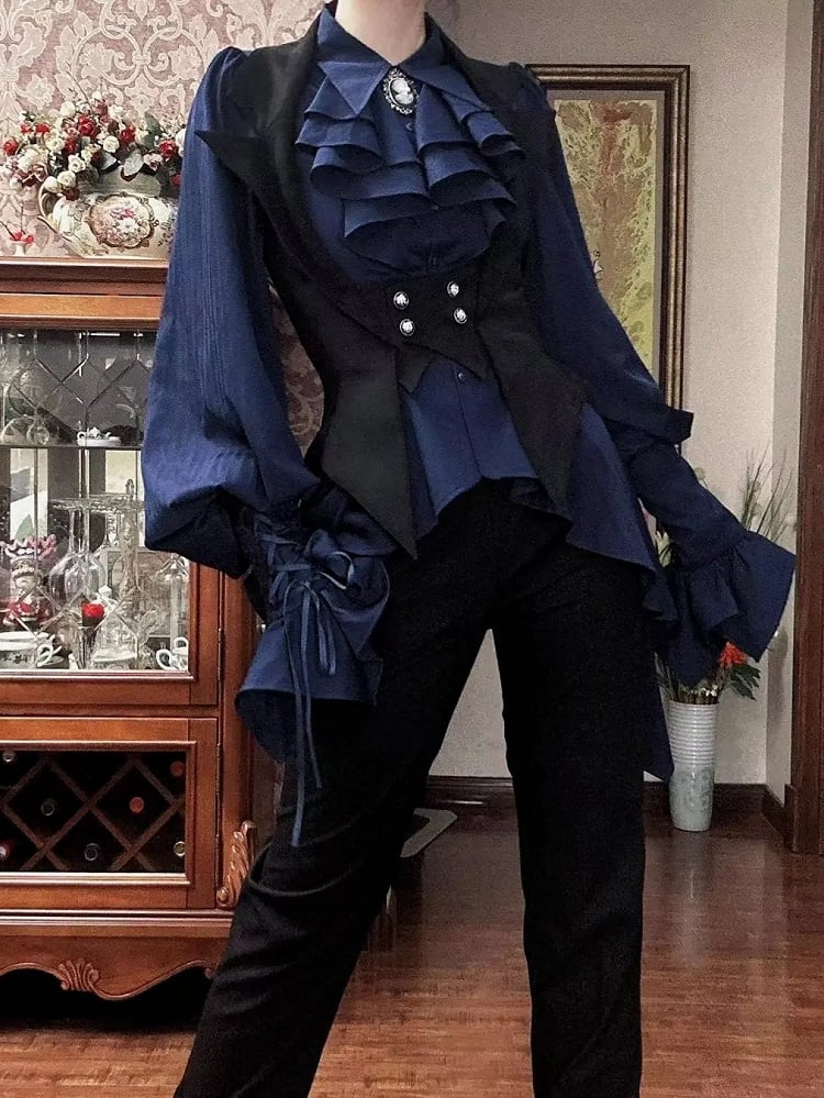 Dark Blue Ouji Lolita Long Sleeves Prince Shirt with Cascading Irregular Hem | Danger Girl