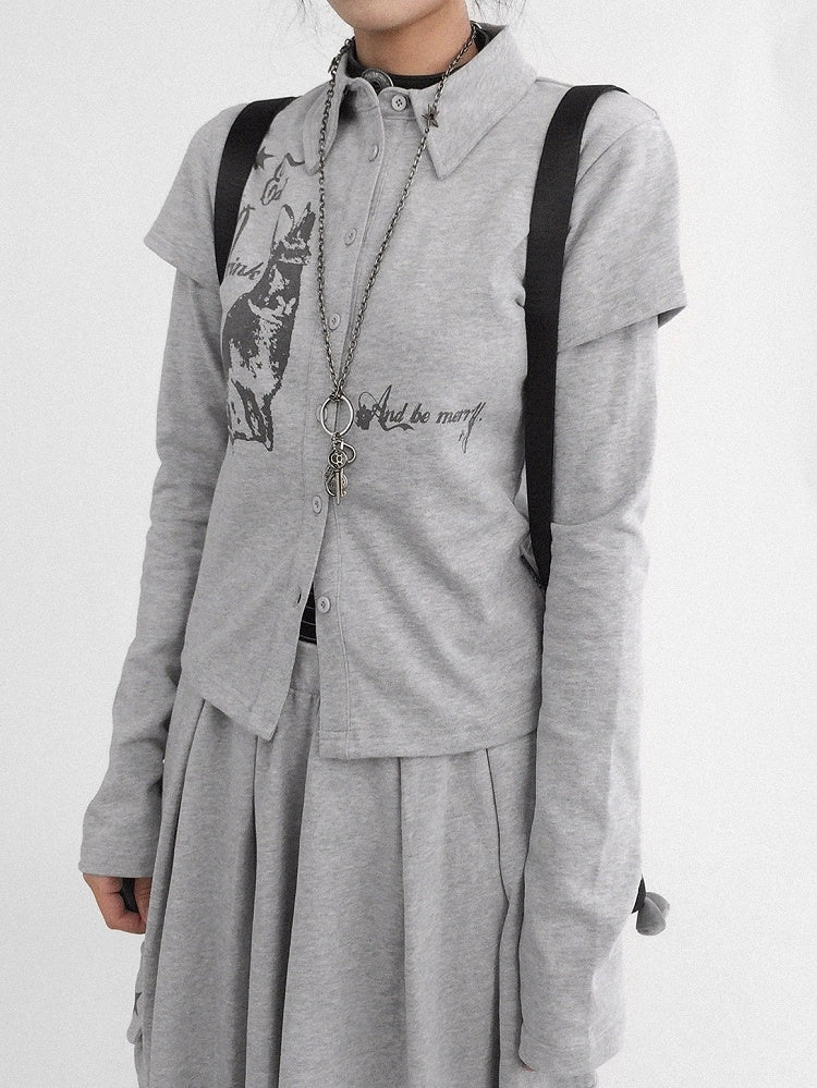 Gray Sleeve Long Two-piece - Print Top Bunny