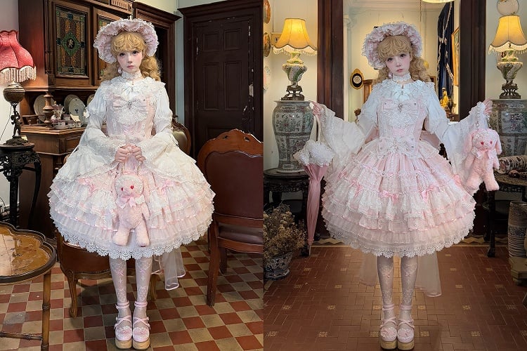 Kleid und Taillen-Lagenpullover abnehmbar mit Hanayome Pink Bows Ausschnitt Rock Lolita Hime auf