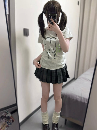 T-shirt Print Jirai Puppy Kei Gray Neck Round