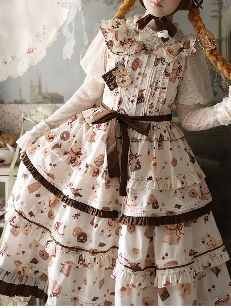 Yellow Lolita Brown Cookie and Ruffle Hamster Sweet Dress Print Hem