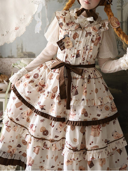 Yellow Lolita Brown Cookie and Ruffle Hamster Sweet Dress Print Hem
