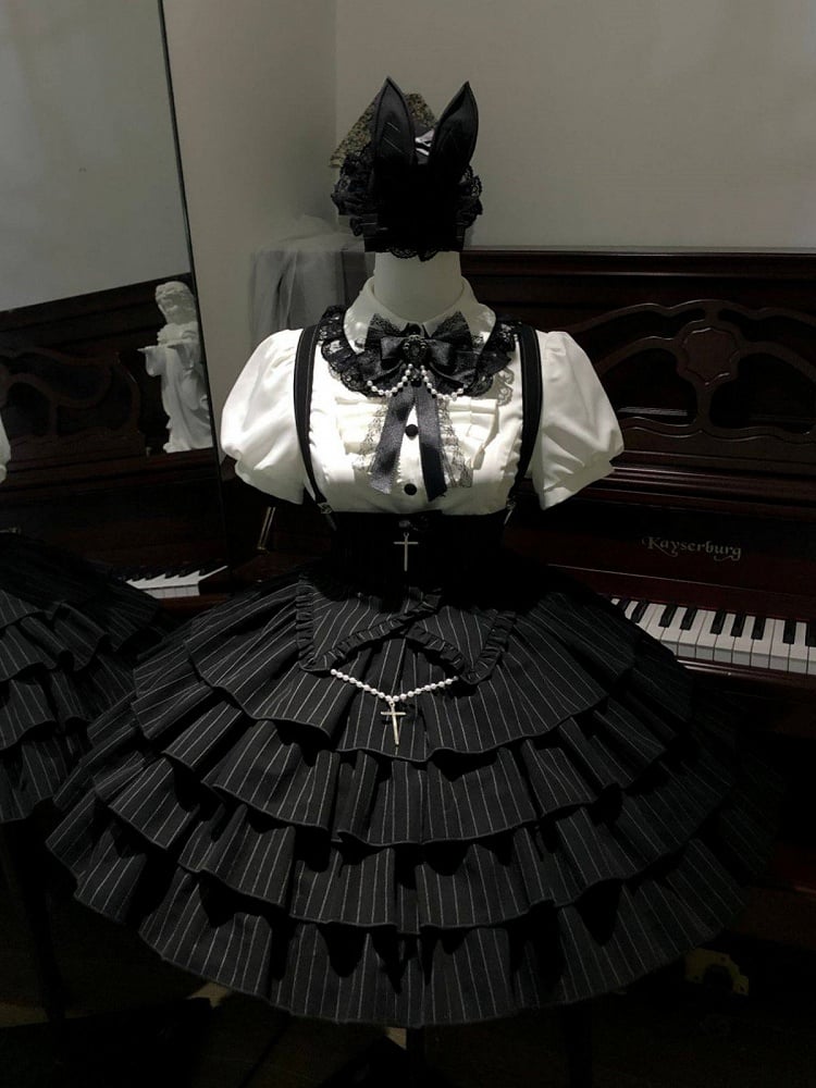Cross Short White + Sleeves Striped Gothic-Style with Blouse High Skirt Lolita Waist Accents Black