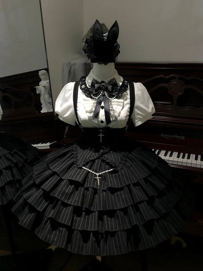 Cross Short White + Sleeves Striped Gothic-Style with Blouse High Skirt Lolita Waist Accents Black
