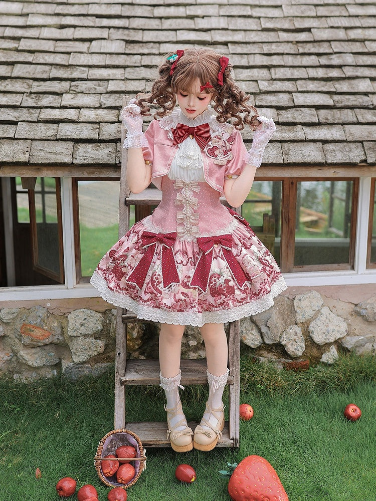 Floral Print & Bowknots Lolita Dress + Bolero Set - Strawberry Fantasy - Unknown Star